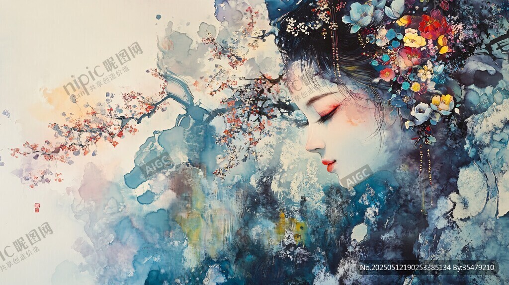 水墨古风佳人花卉意境图