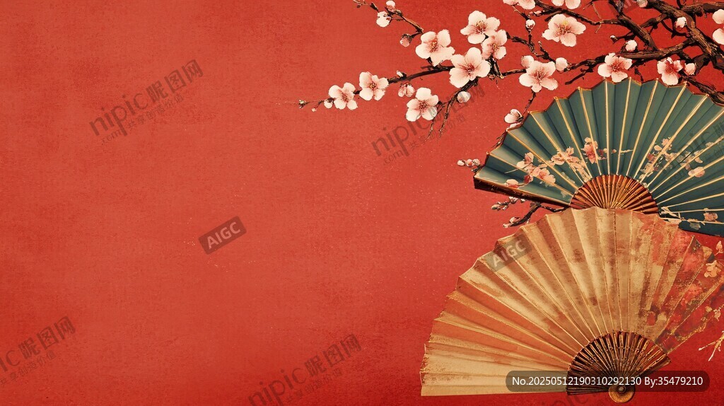 古风红背景下的折扇与花枝
