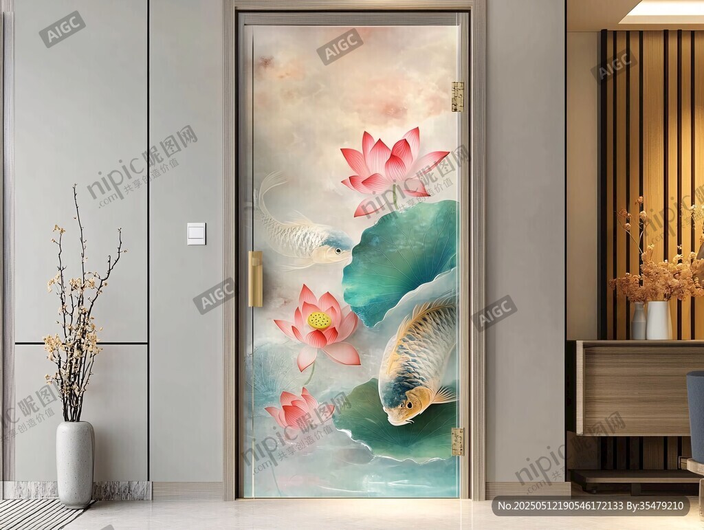 中式荷花锦鲤入户门装饰画