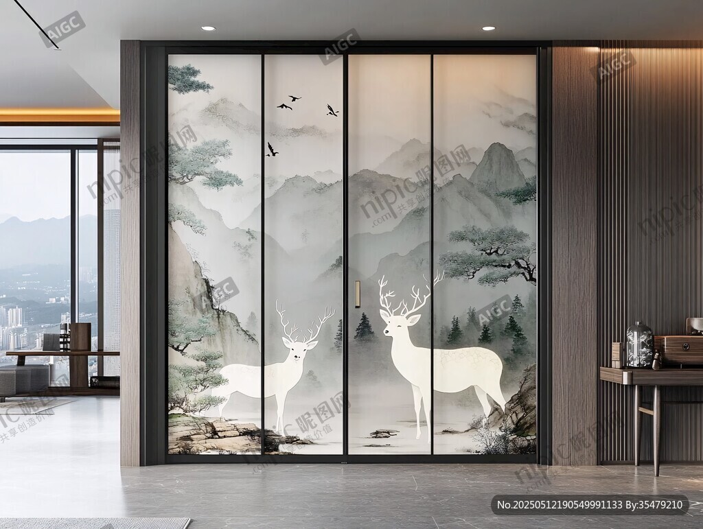 中式山水鹿纹屏风隔断