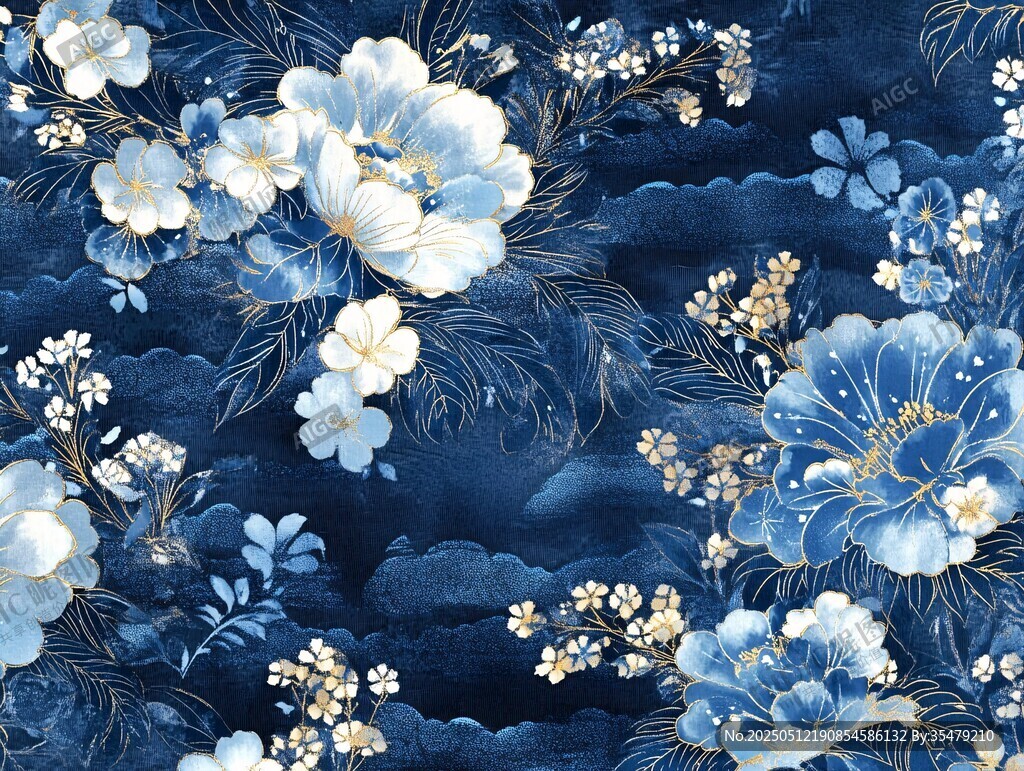 蓝底白花精致花卉图案