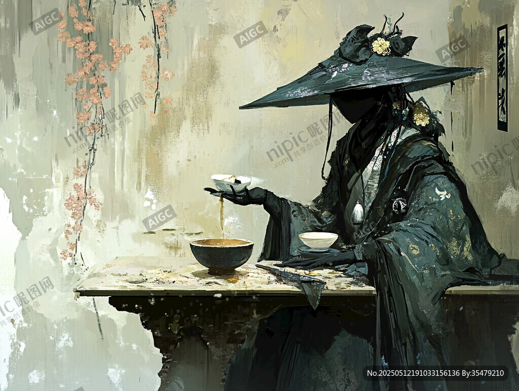 古风侠客独酌于古朴桌前