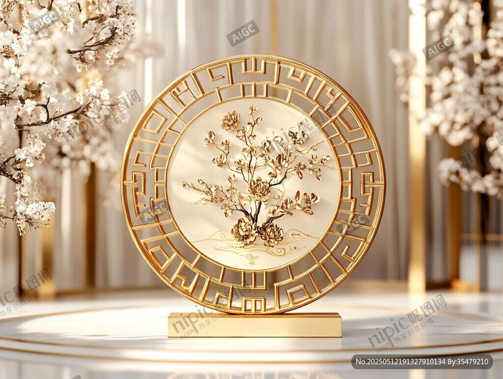 中式金纹梅花装饰盘摆件