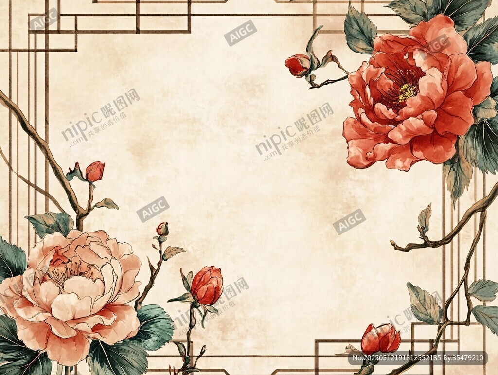 中式牡丹花卉复古边框图