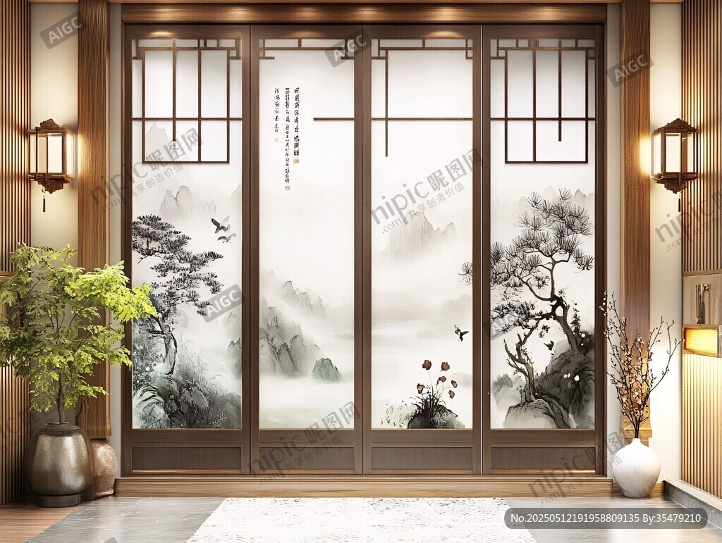 中式山水意境屏风门
