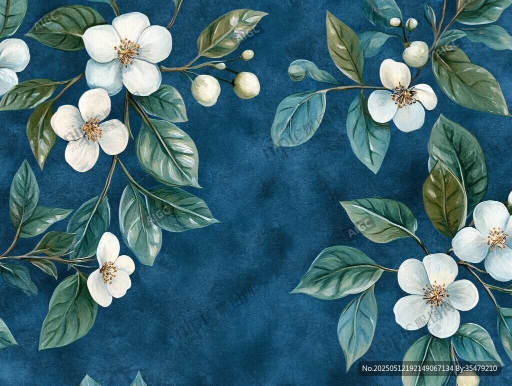 蓝底花卉图案水彩风插画