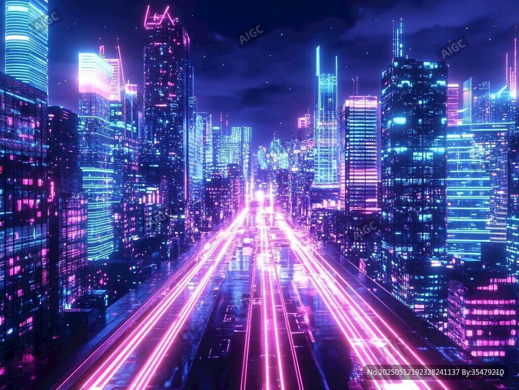 霓虹闪烁的未来都市夜景