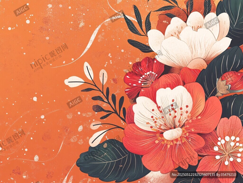 橙色背景花卉插画