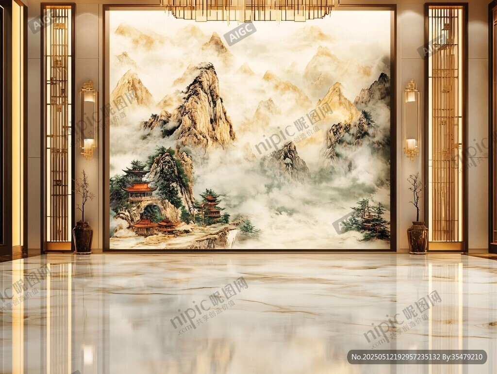 中式山水玄关壁画大气场景
