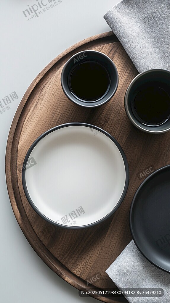 简约木质盘上的餐具组合