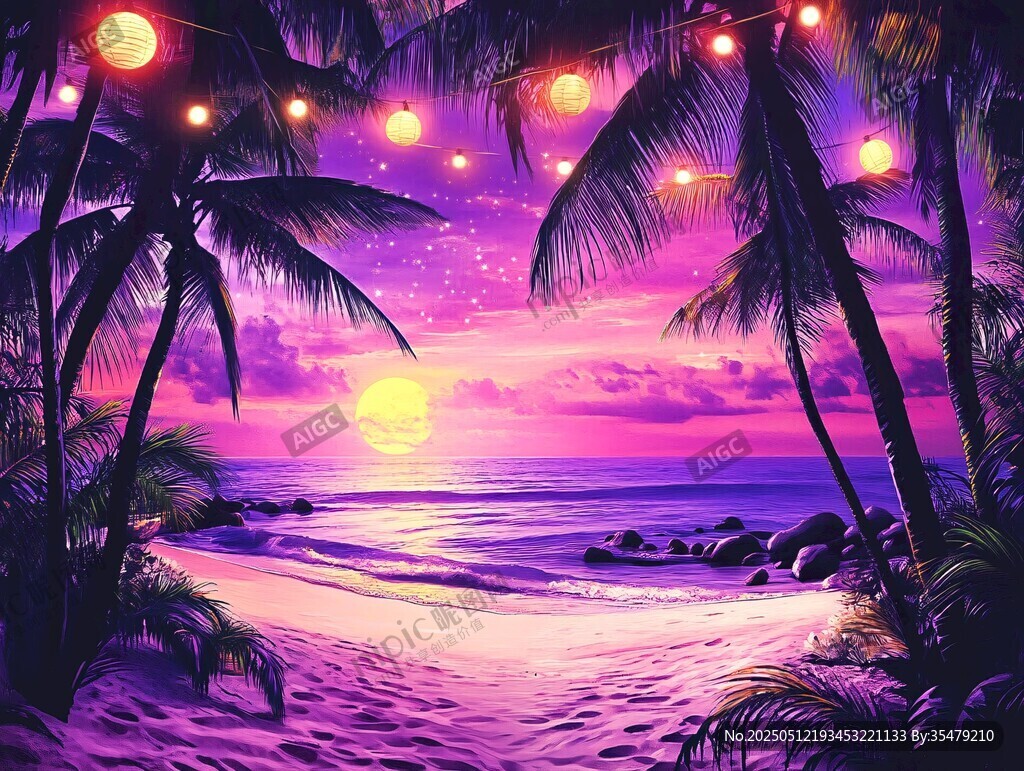梦幻海滩的浪漫黄昏夜景