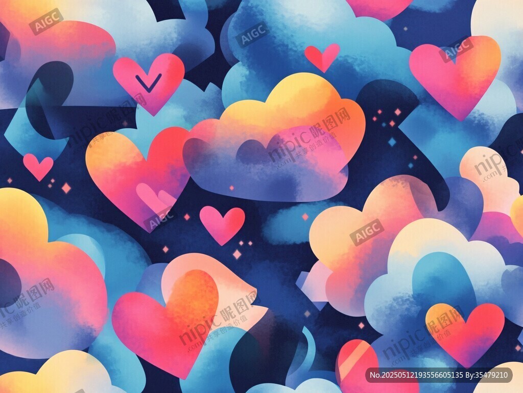 梦幻云朵与爱心浪漫图案