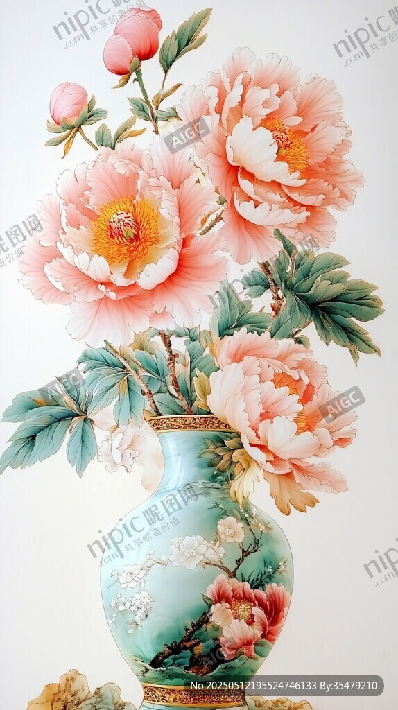 青花瓷瓶插盛放娇艳牡丹