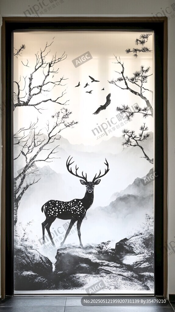 中式山水鹿影玄关装饰画