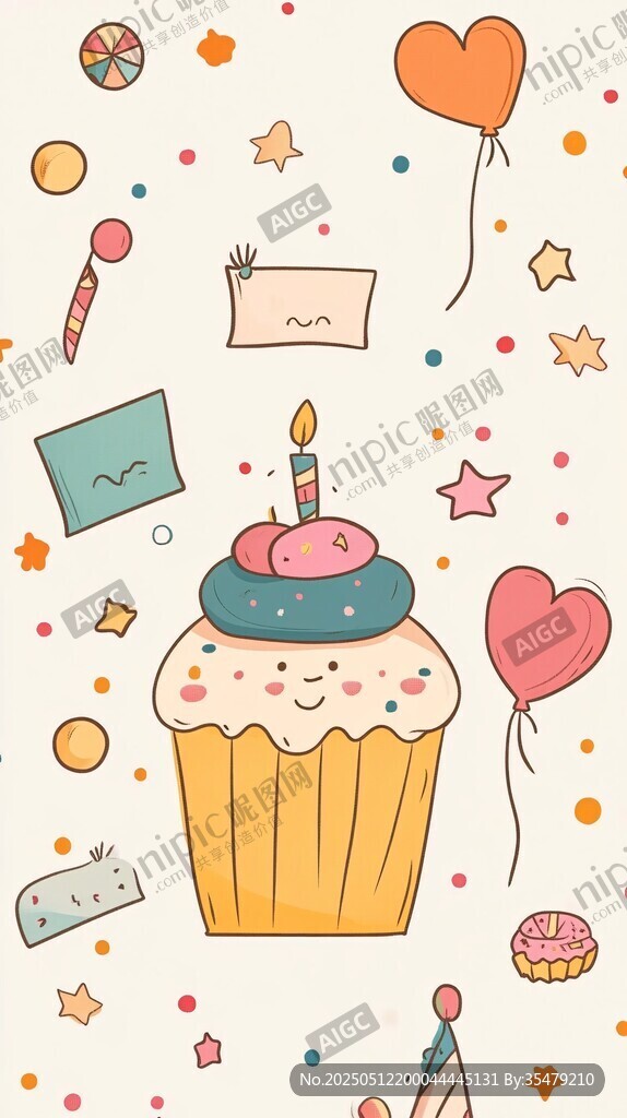可爱卡通风生日纸杯蛋糕图案