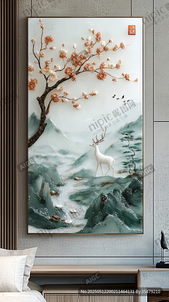 中式山水间的灵鹿花卉图