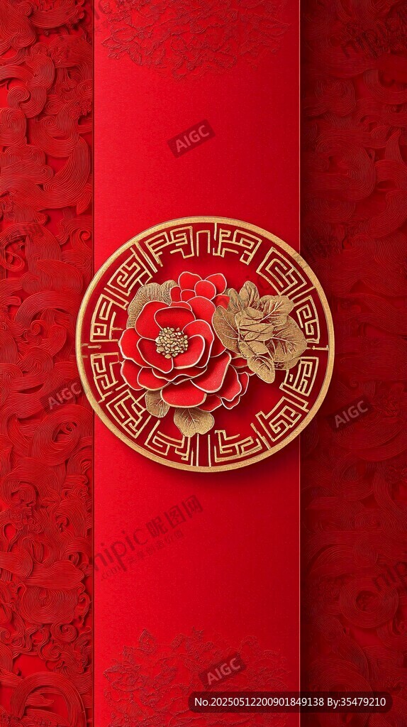 中式红底金饰花卉装饰图案