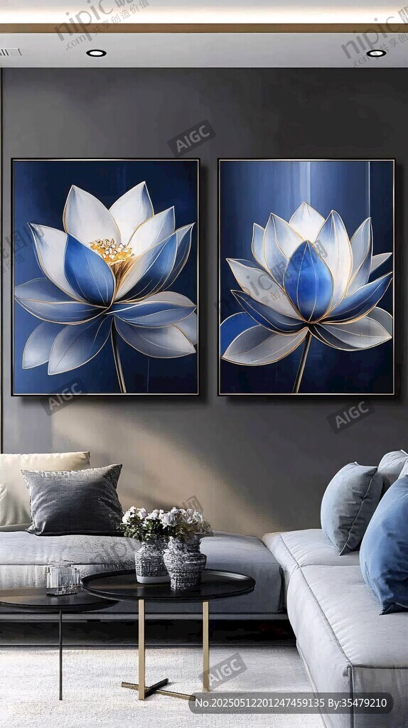 蓝白莲花装饰画点亮客厅