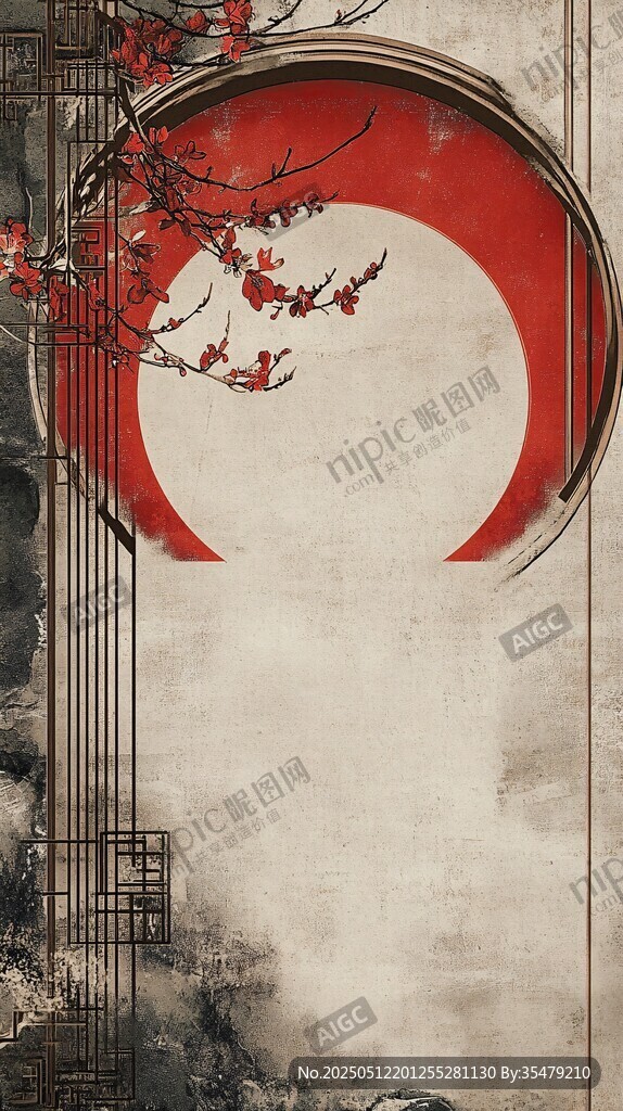 中式复古风 红月花枝意象