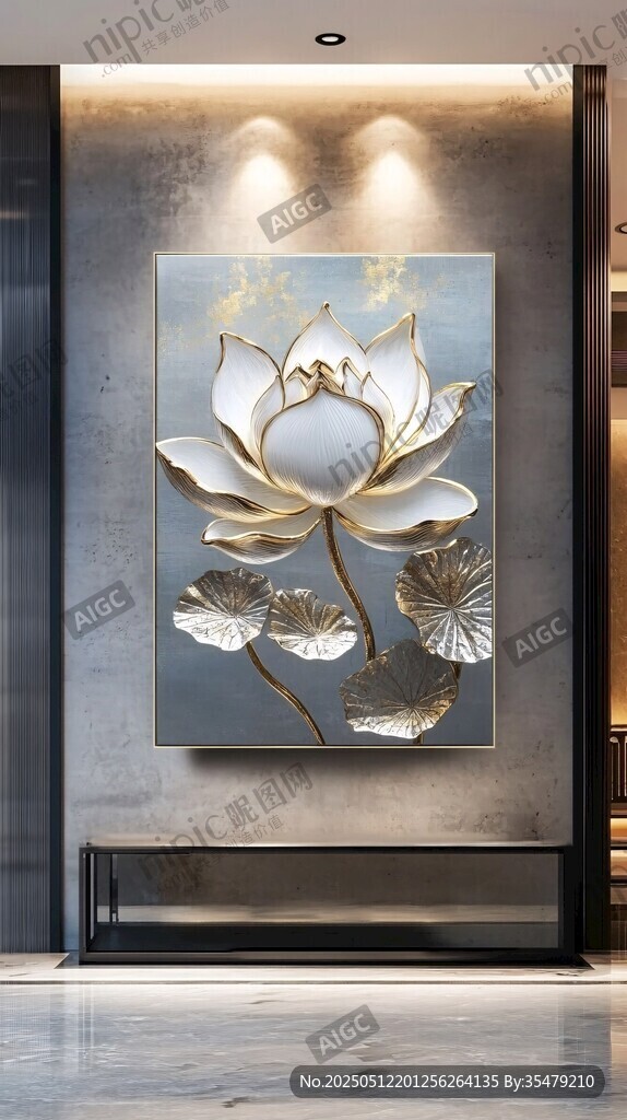 中式玄关处的立体莲花挂画