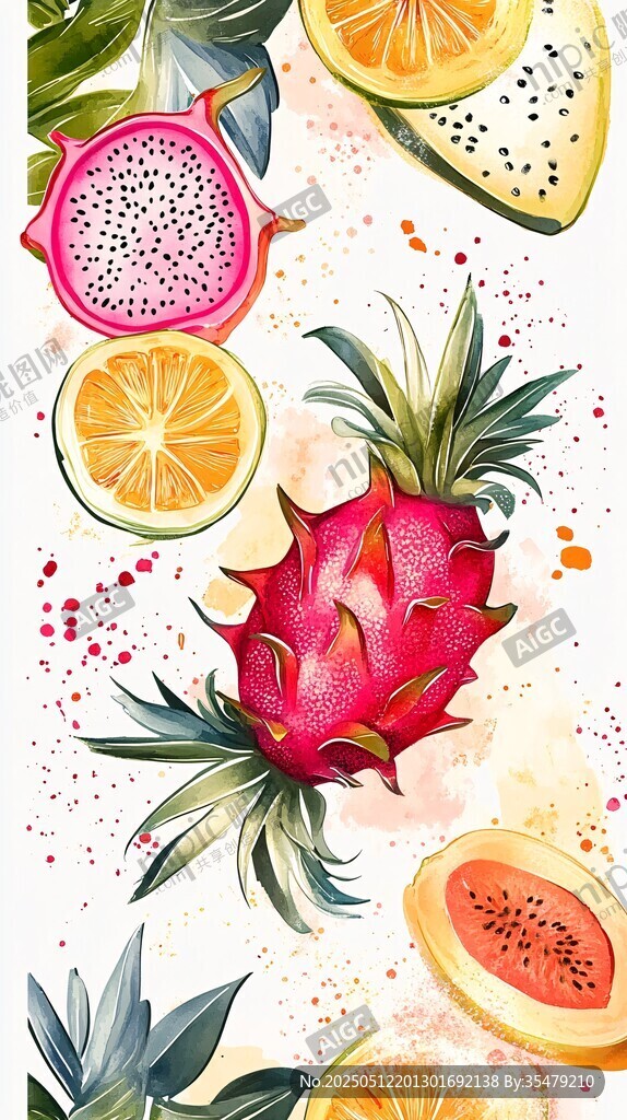 缤纷热带水果水彩插画