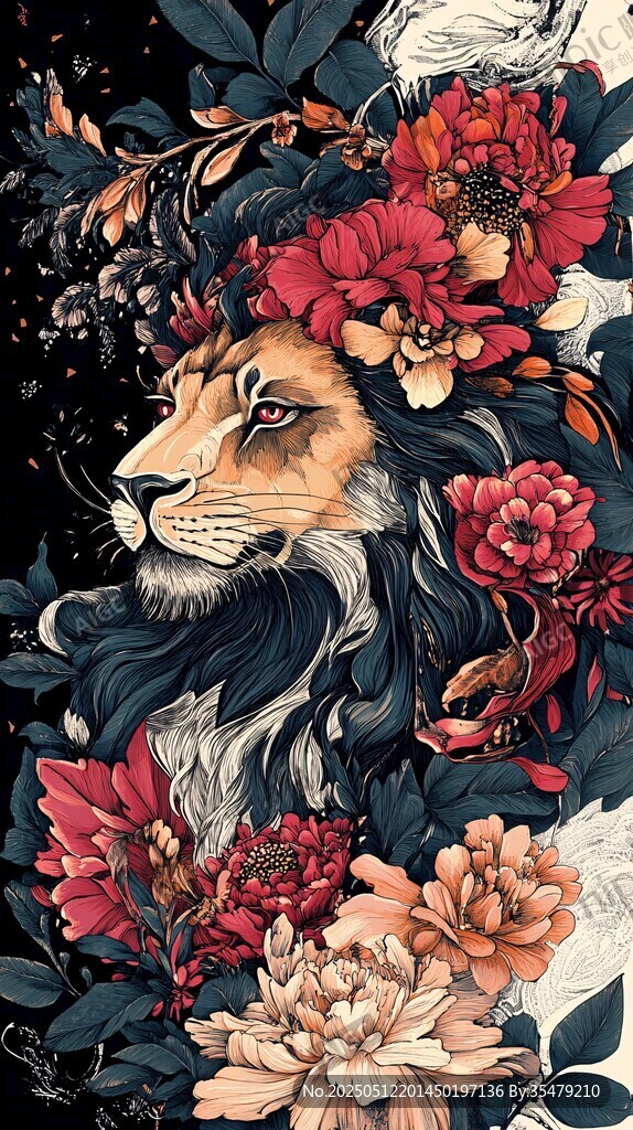 花卉环绕的雄狮形象