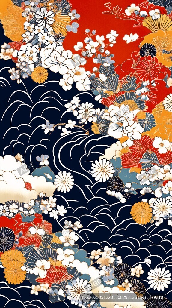 日式和风花卉海浪图案