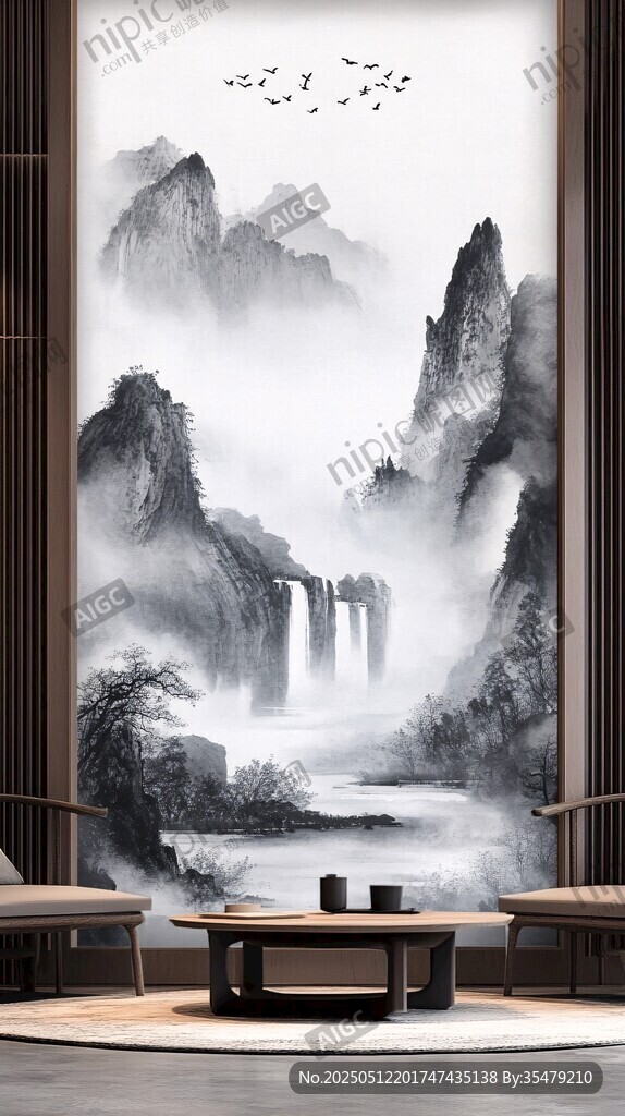 中式水墨山水玄关装饰画