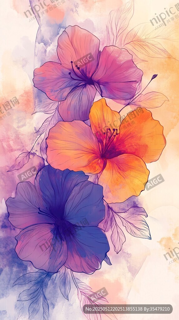 梦幻水彩花卉插画