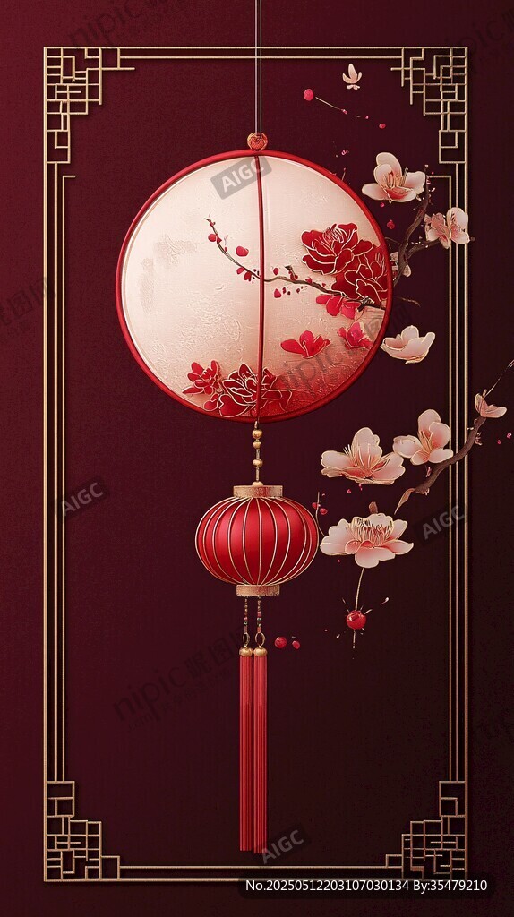 中式灯笼与花卉装饰画面