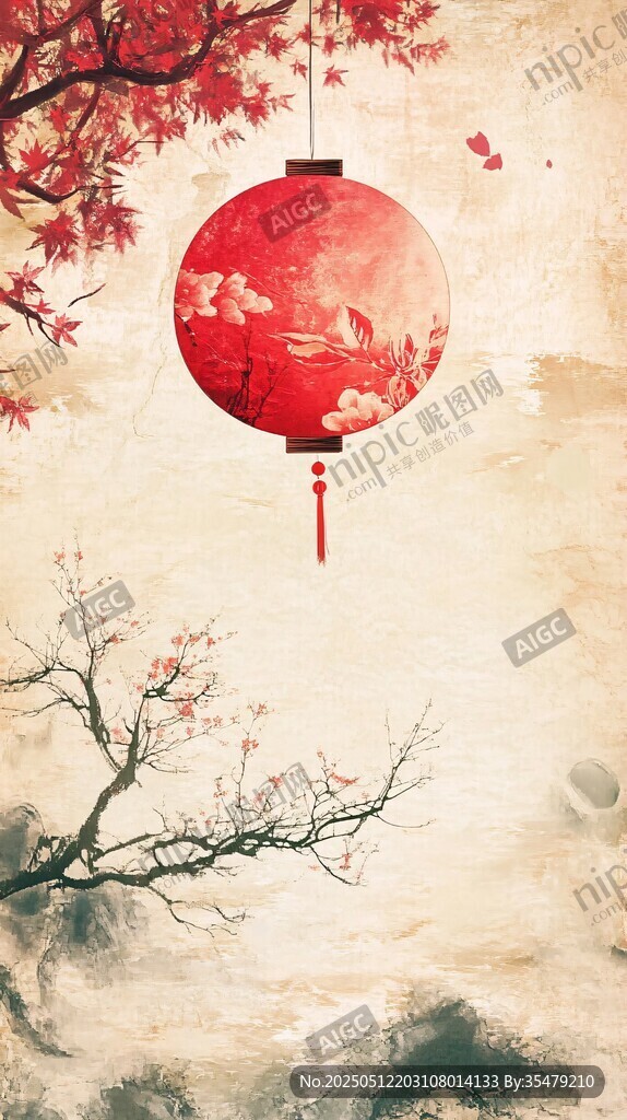 中式古风红灯笼写意画面