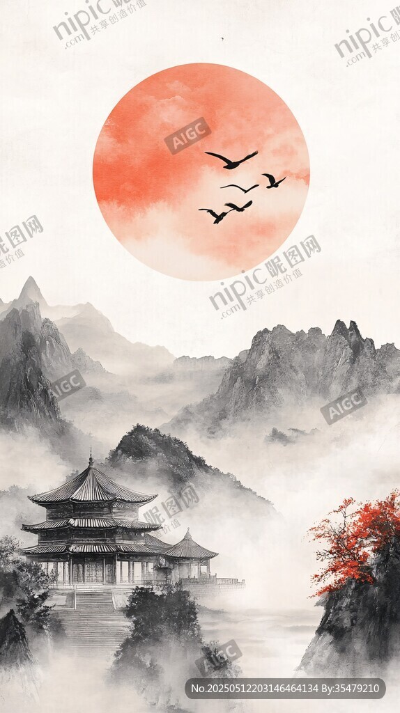 夕阳下的中式山水楼阁