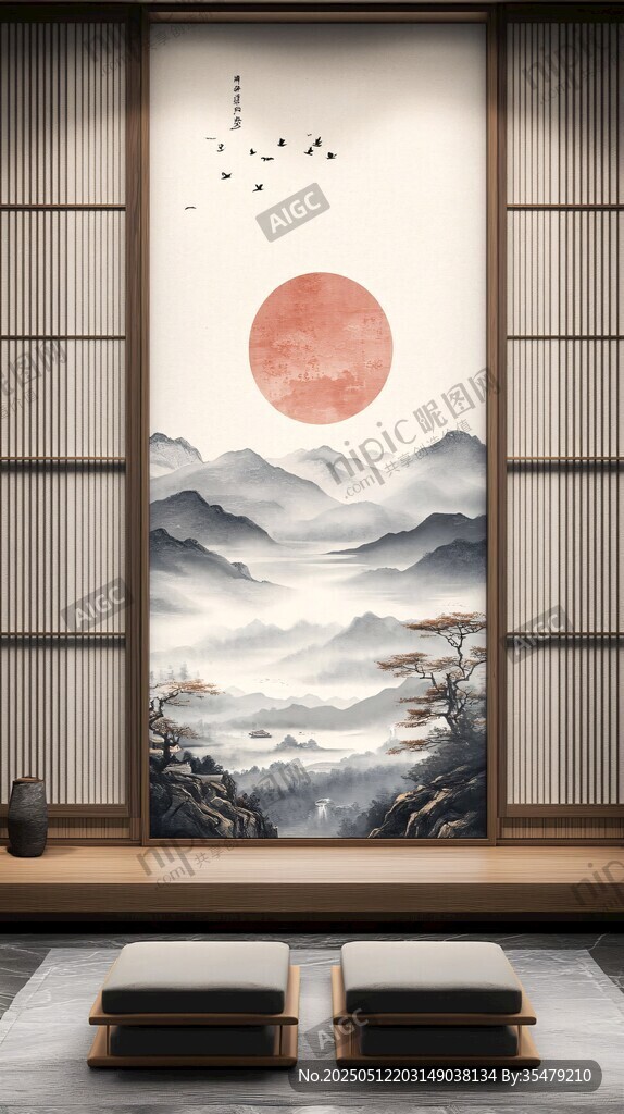 中式禅意茶室山水壁画景致