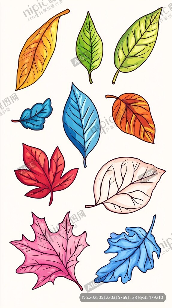 多彩手绘叶片插画素材