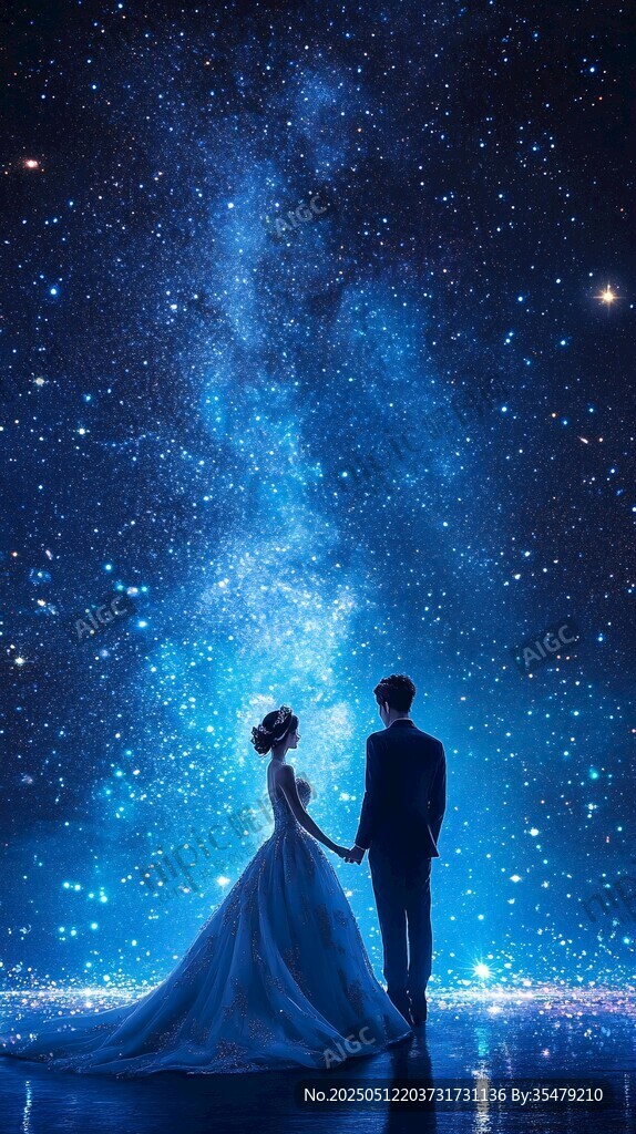星空下的浪漫新婚夫妇
