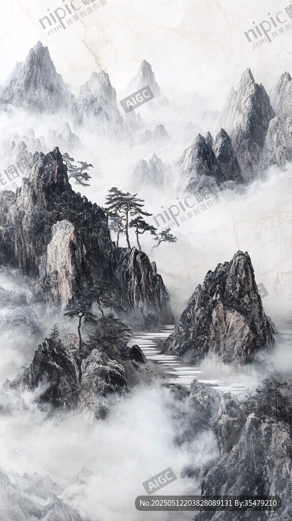 水墨山川间的孤松美景