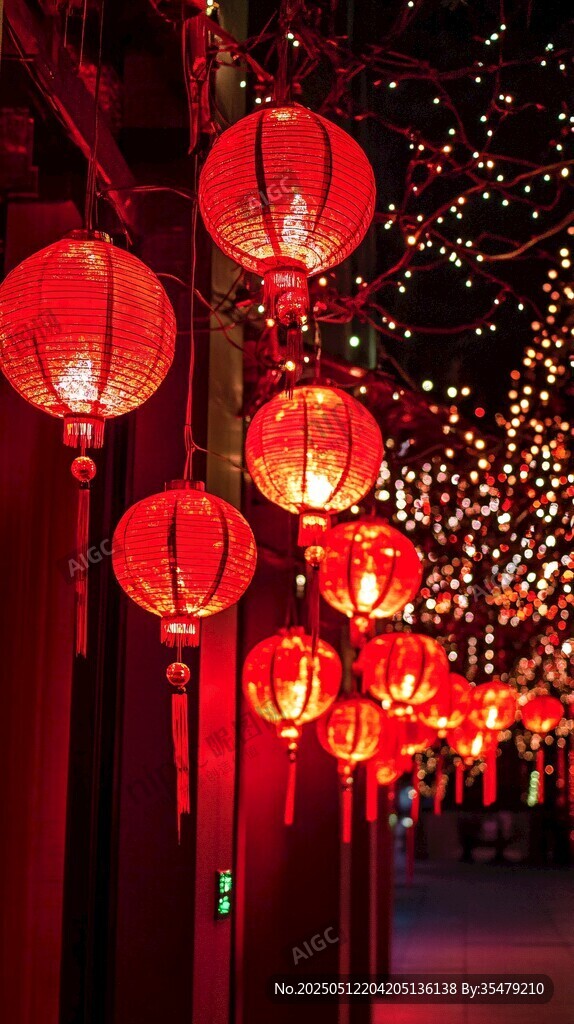 红灯笼装点的浪漫夜景