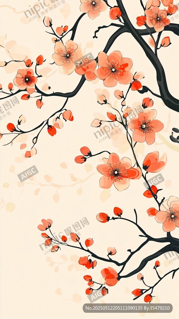 中式手绘盛开的艳丽花枝