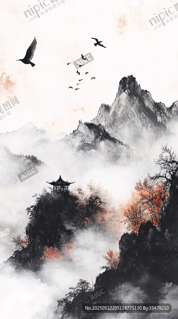 水墨山水间飞鸟伴古亭