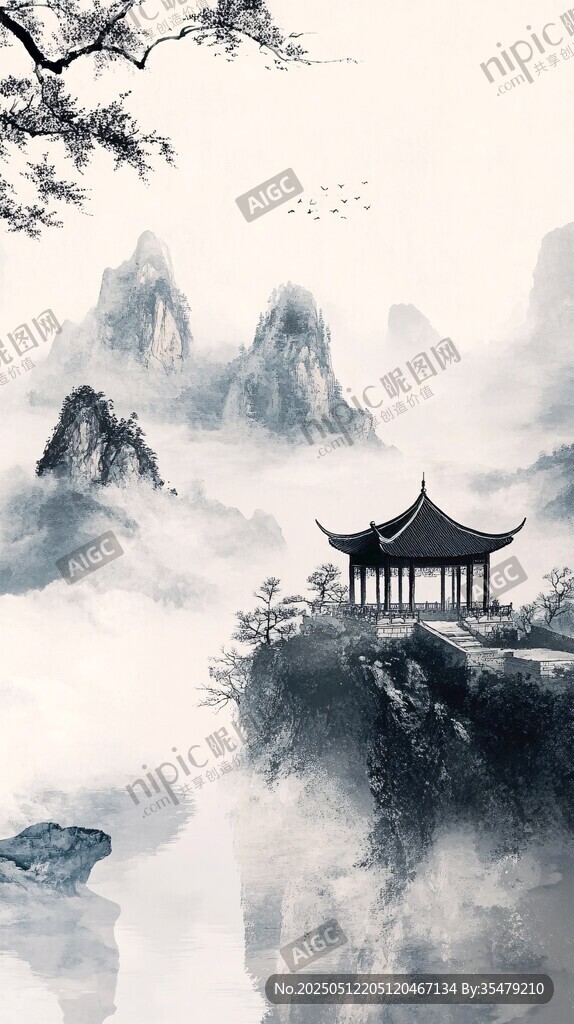 水墨山水间的亭阁幽景