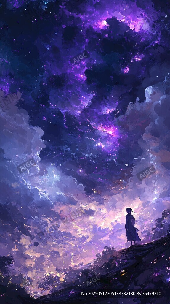 梦幻星空下的孤独身影