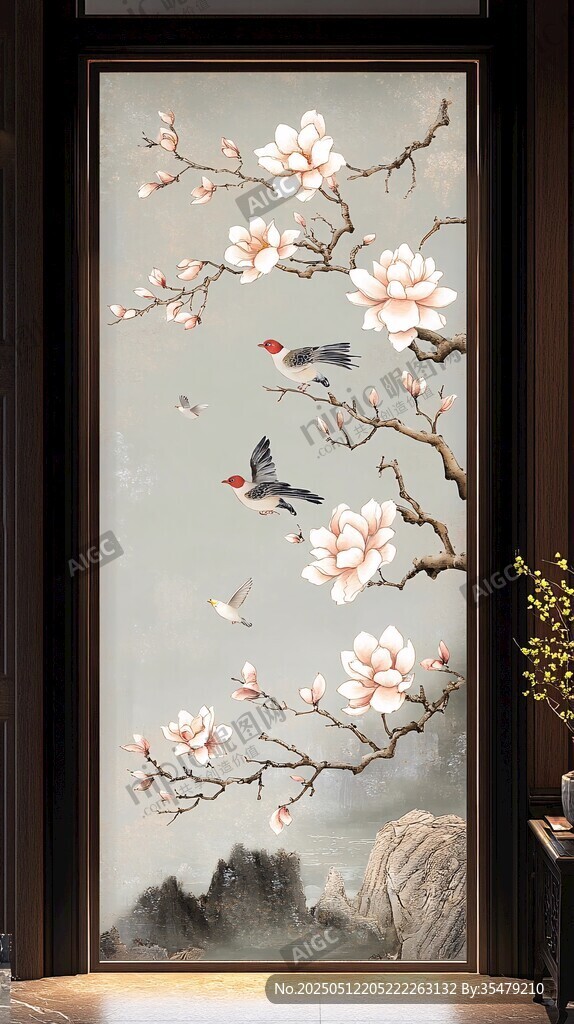 玉兰花鸟中式玄关装饰画