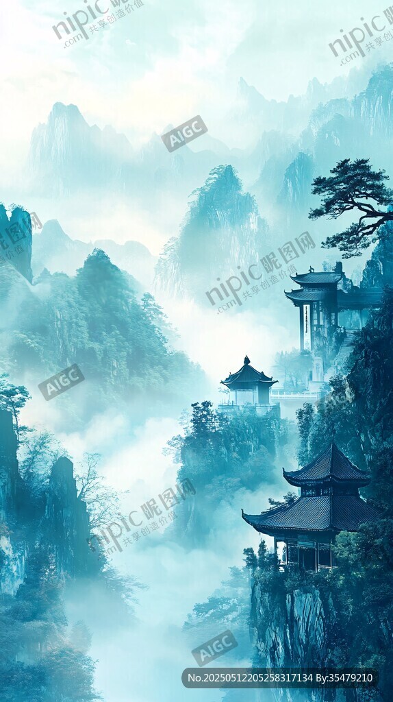 水墨山水间的古韵亭阁