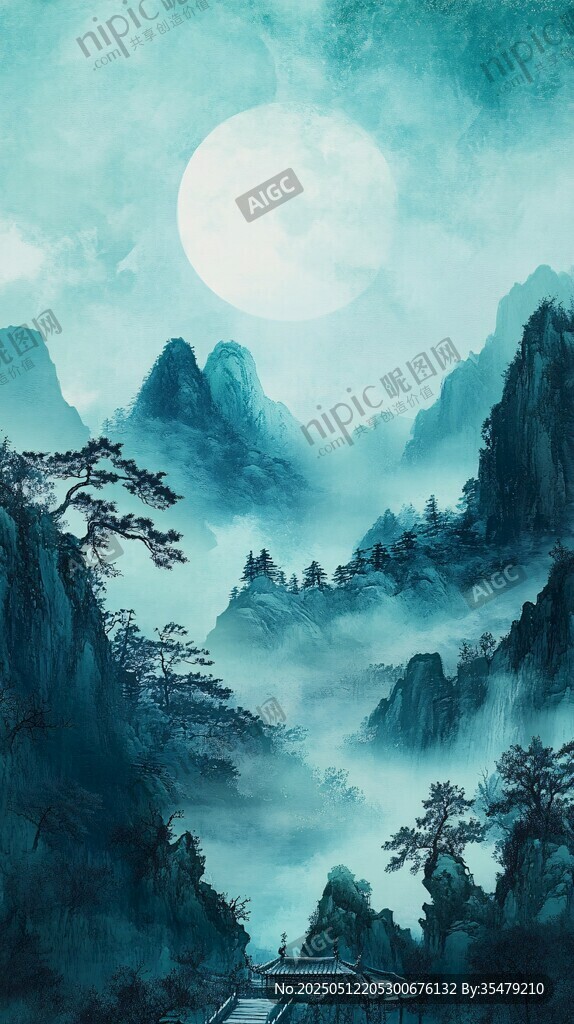 月夜山峦间的清幽之景