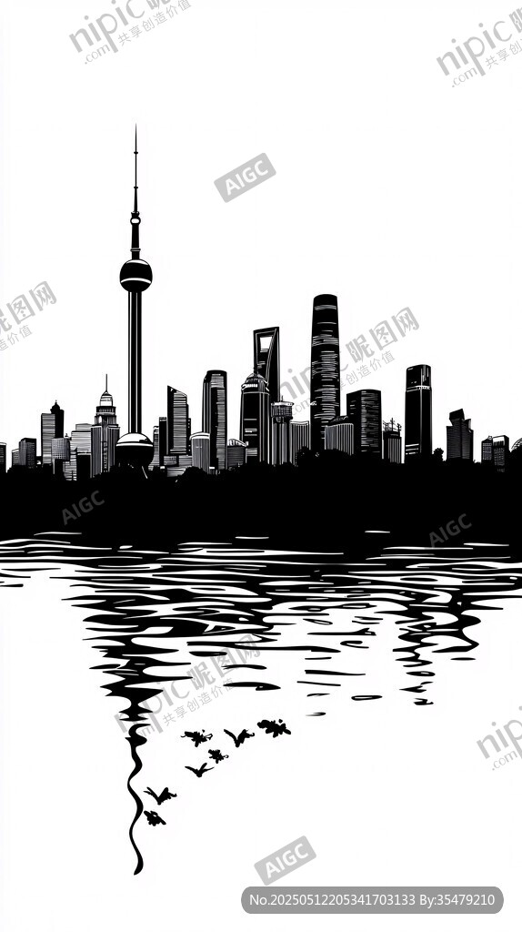 上海城市天际线水墨剪影