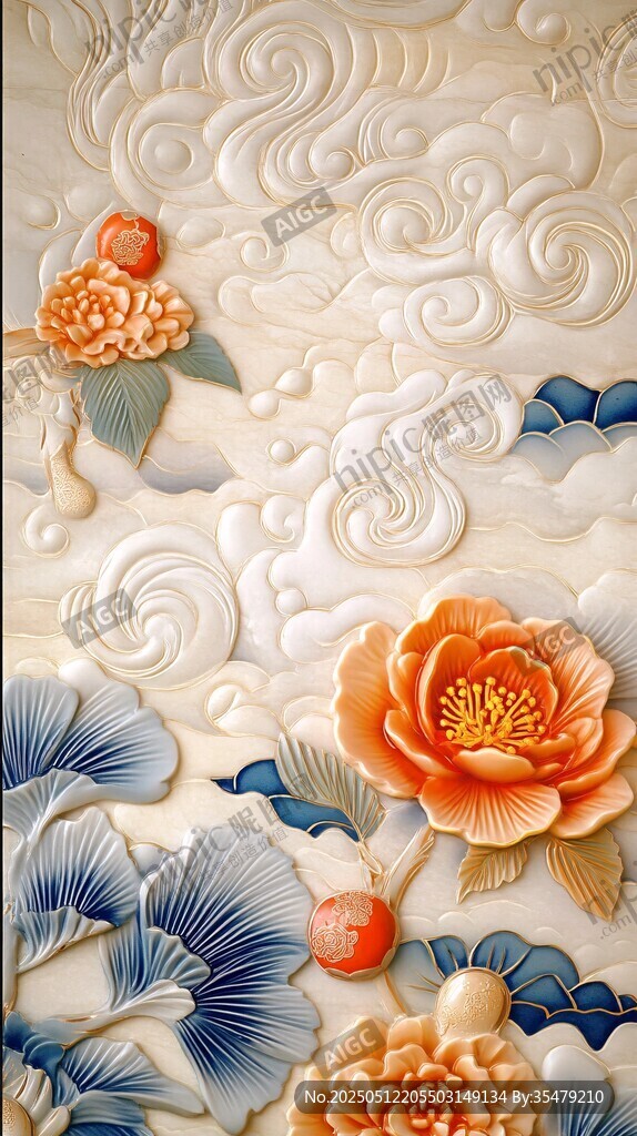 中式浮雕花卉祥云装饰画