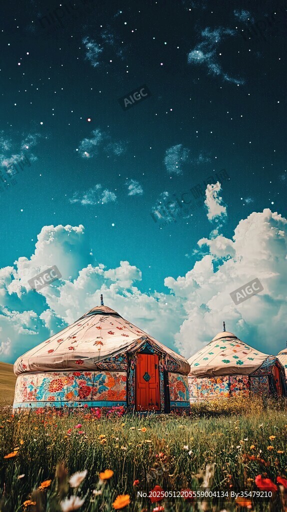 草原星空下的彩色蒙古包