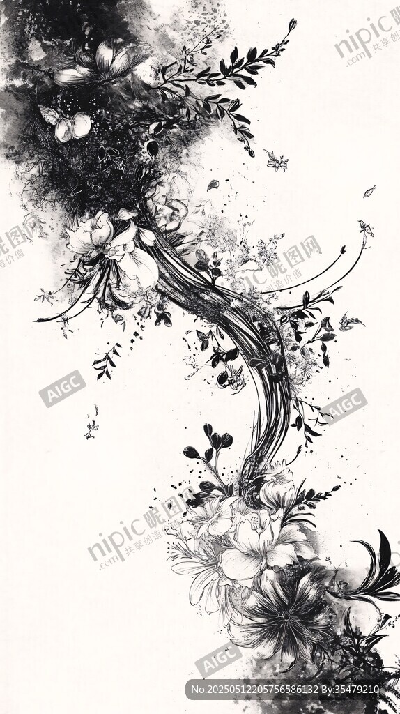 黑白花卉藤蔓艺术图案