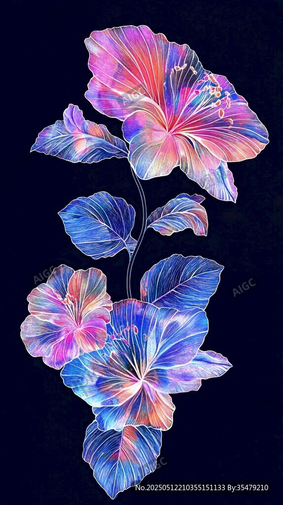 梦幻渐变色彩的扶桑花插画