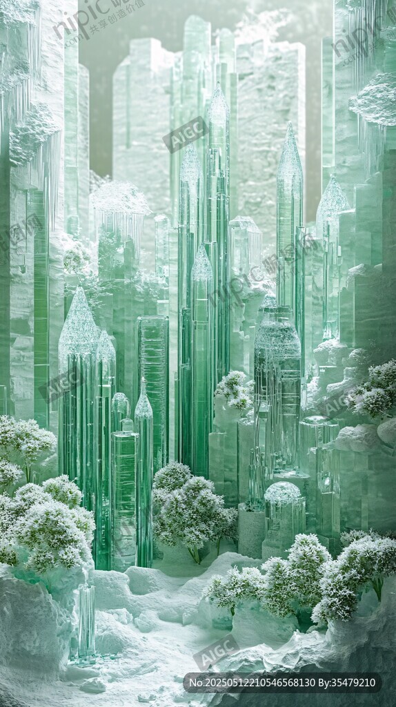 冰雪覆盖的奇幻绿色都市景观
